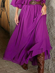 Flared Sleeves Loose Pleated Solid Color Split-Joint Round-Neck Maxi Dresses