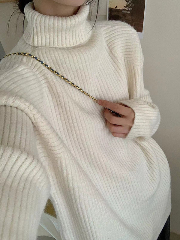 Solid Color Split-Joint Split-Side Long Sleeves Loose High Neck Sweater