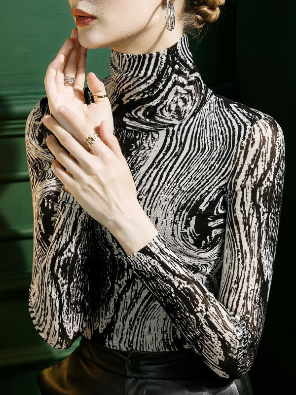 Printed Long Sleeves Skinny High-Neck T-Shirts