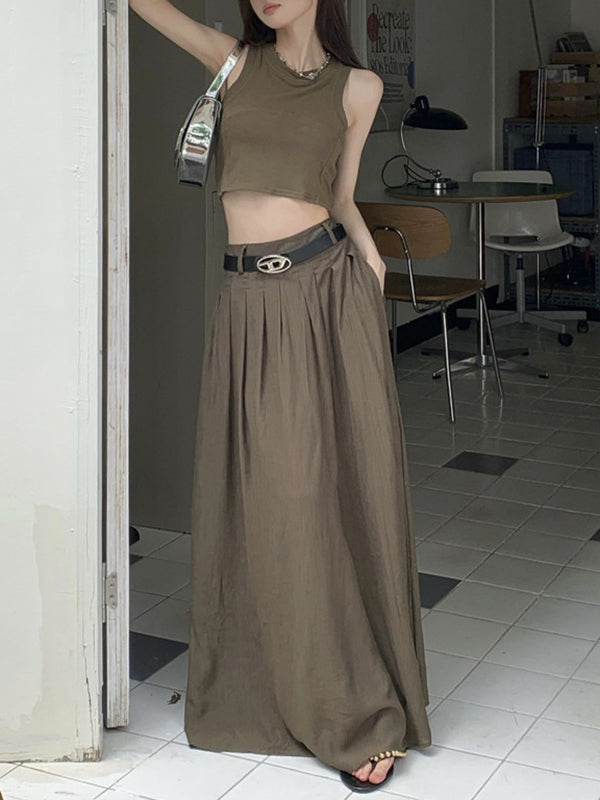 Belted Pleated Pockets Solid Color High Waisted Loose Skirts Bottoms