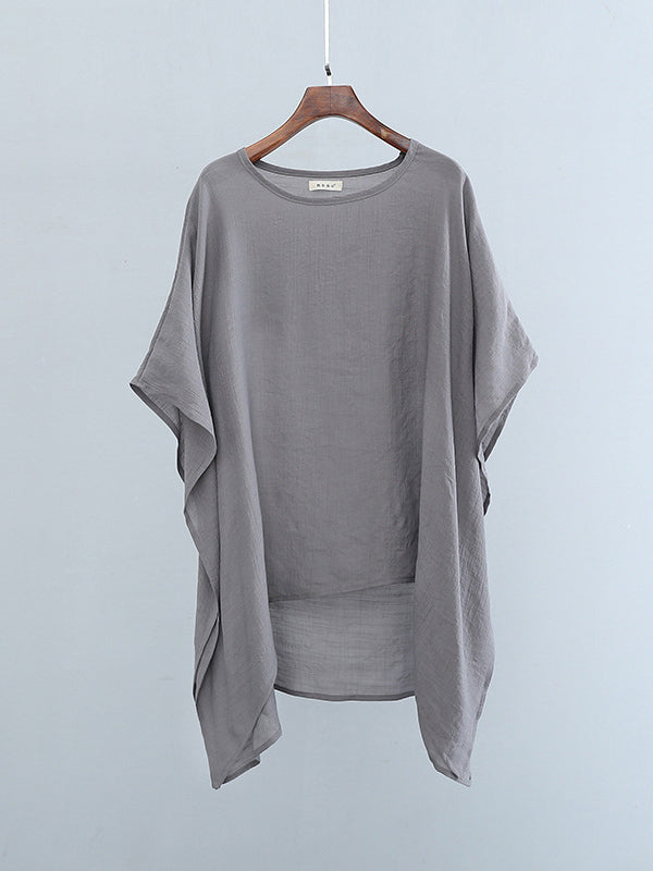 See-Through Solid Color Half Sleeves High-Low Round-Neck Blouses