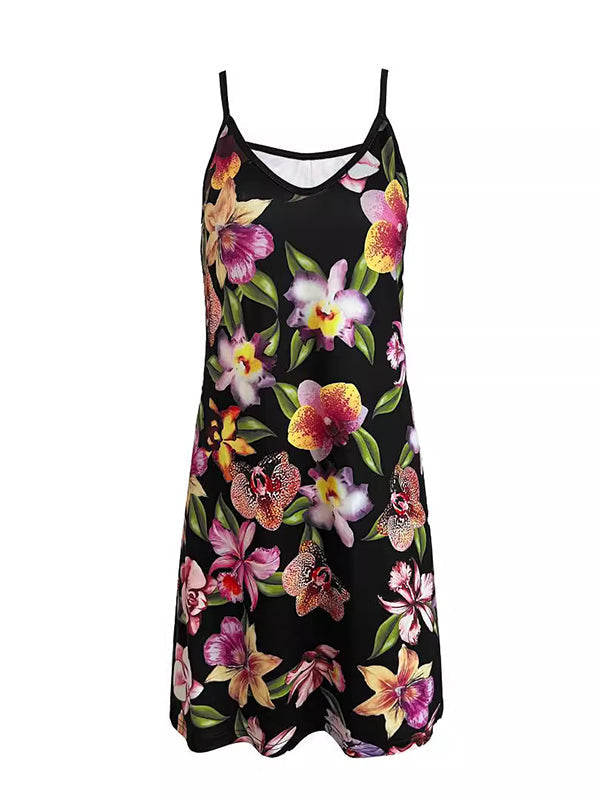 Flower Print Loose Sleeveless Spaghetti-Neck Mini Dresses