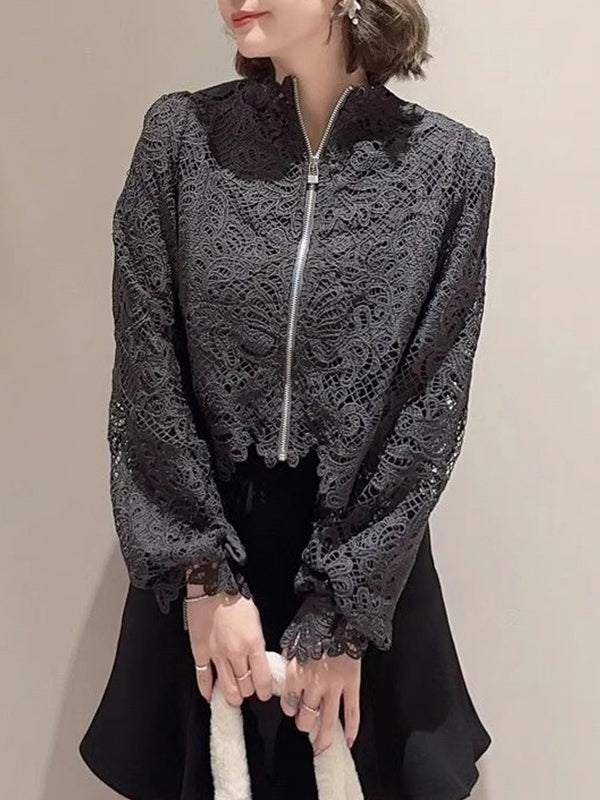 Hollow Split-Joint Zipper Long Sleeves Loose Stand Collar Blouses&Shirts Tops
