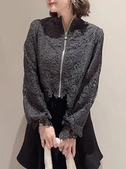 Hollow Split-Joint Zipper Long Sleeves Loose Stand Collar Blouses&Shirts Tops