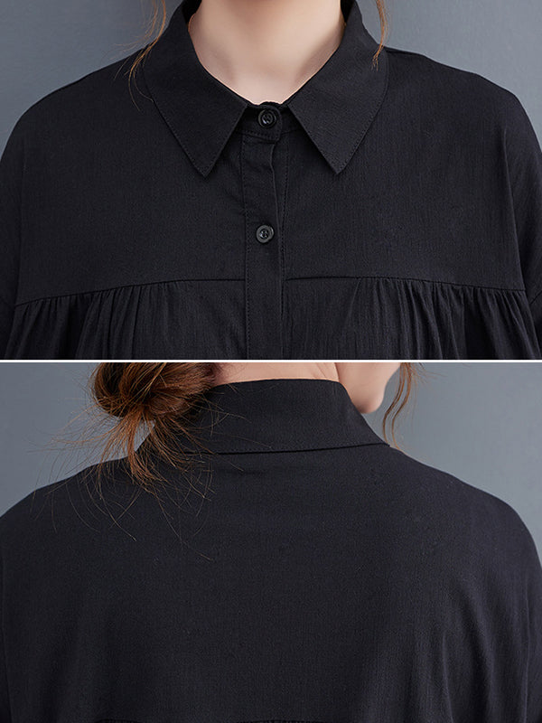 Original Loose Long Sleeves Buttoned Contrast Color Lapel Collar Midi Dresses