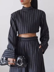 Long Sleeves Split-Joint Striped High Neck Blouses&Shirts Tops