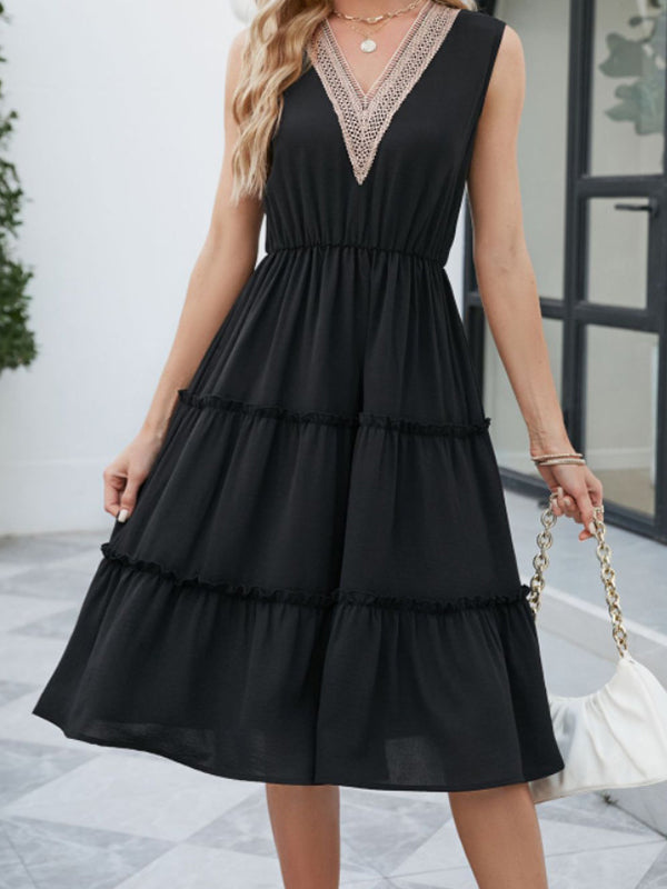 Elasticity Pleated Split-Joint A-Line High Waisted V-Neck Midi Dresses