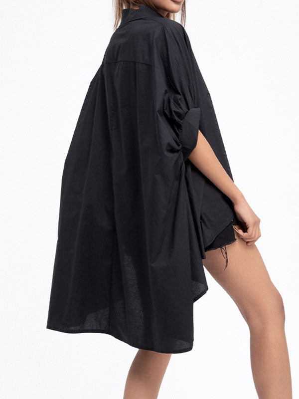 Solid Color Batwing Sleeves High-Low Lapel Blouses&Shirts Tops
