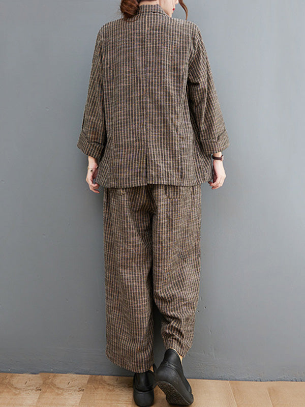 Vintage Ramie Cotton Notched Collar One Button Suits+Column Pants 2 Pieces Set