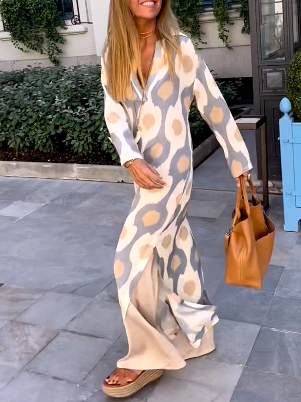 Long Sleeves Loose Printed V-Neck Maxi Dresses