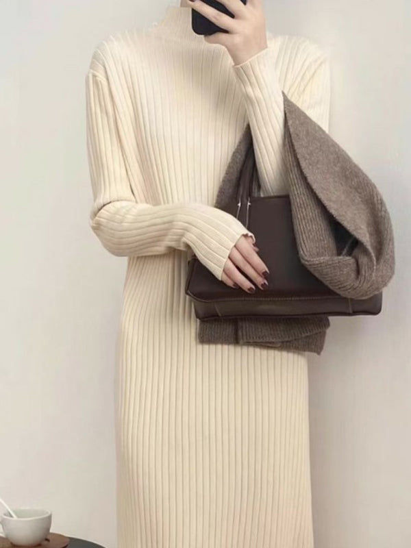 Fringed Solid Color Long Sleeves Loose Mock Neck Sweater Dresses Midi Dresses