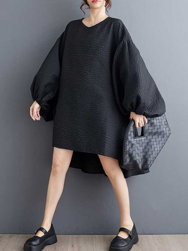 Elasticity Solid Color Split-Joint High-Low Long Sleeves Round-Neck Midi Dresses