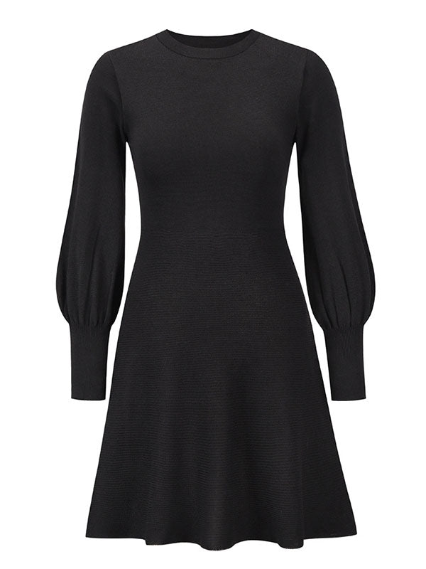 Solid Color Puff Sleeves Wrap Round-Neck Sweater Dress