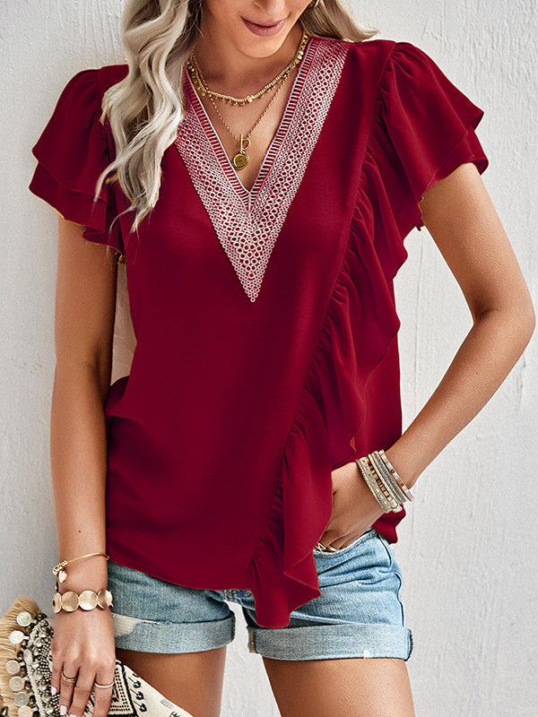 Asymmetric Split-Joint Ruffle Sleeves V-Neck Blouses&Shirts Tops