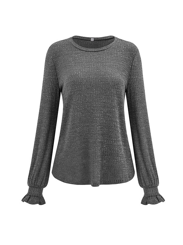 Elasticity Ruffled Solid Color Long Sleeves Loose Round-Neck T-Shirts Tops