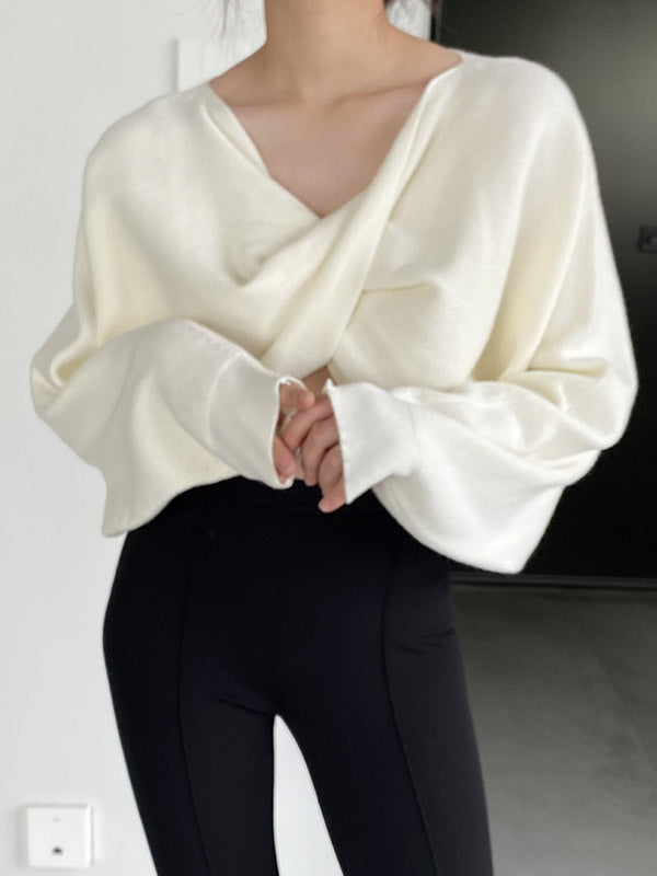 Knot Solid Color Batwing Sleeves Long Sleeves V-Neck Sweater Tops Pullovers