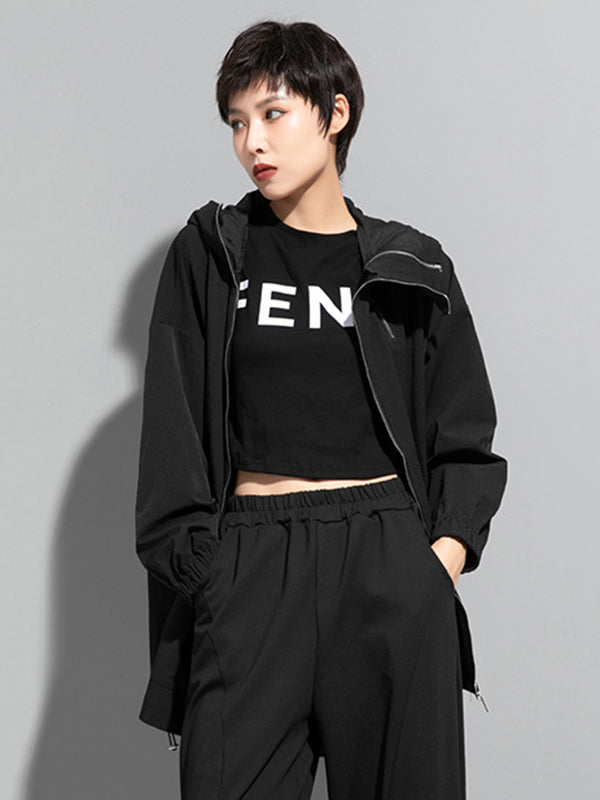 Irregularity Loose Solid Color Zipper Hooded Outerwear