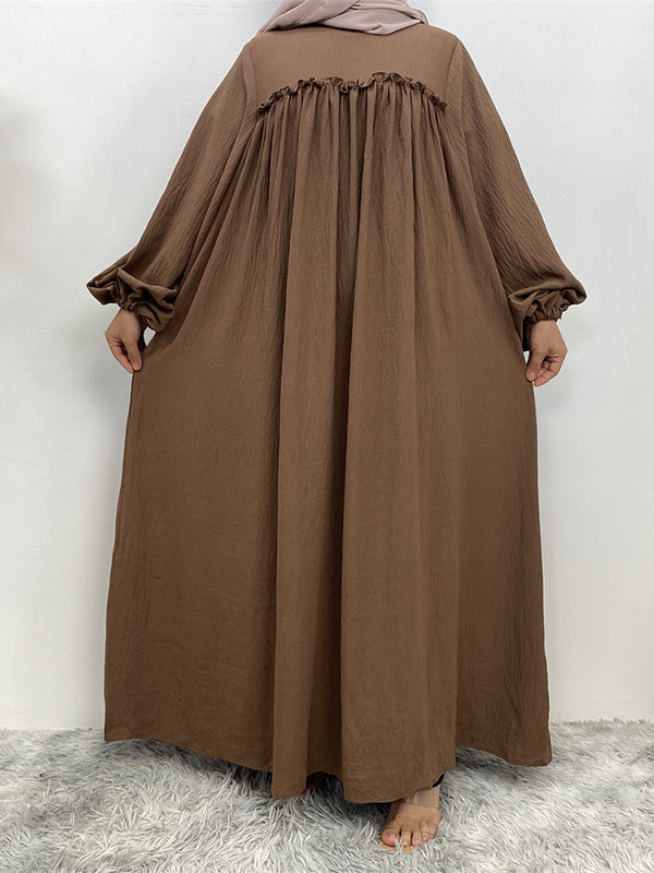 Elasticity Muslim Pleated Solid Color Split-Joint Tied Waist Bishop Sleeve Long Sleeves Round-Neck Maxi Dresses