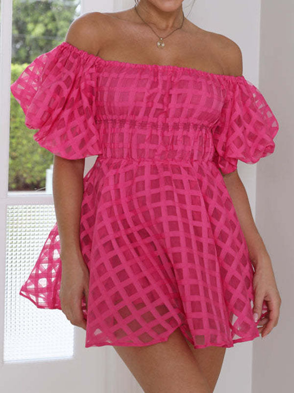 Elasticity Solid Color Split-Joint High Waisted Loose Off-The-Shoulder Mini Dresses