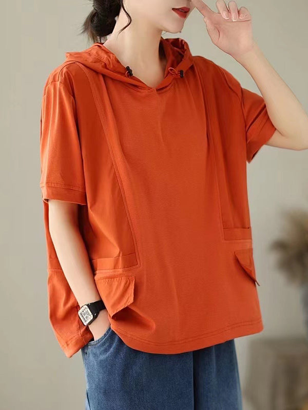 Solid Color Loose Short Sleeves Hooded T-Shirts Tops