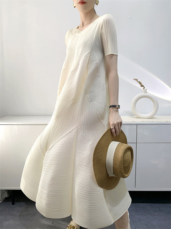 Pleated Solid Color Split-Joint Loose Short Sleeves V-Neck Midi Dresses