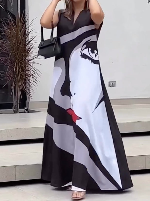 Figure Printed Loose Sleeveless V-neck Maxi Dresses