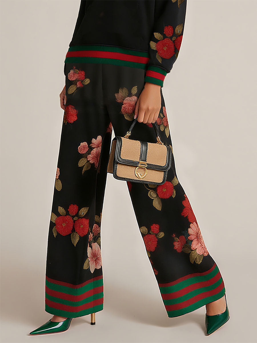 Contrast Color Flower Print Split-Joint High Waisted Wide Leg Trousers Pants