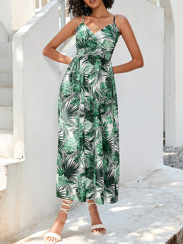 Elasticity Leaves Print High Waisted Sleeveless Spaghetti-Neck Midi Dresses