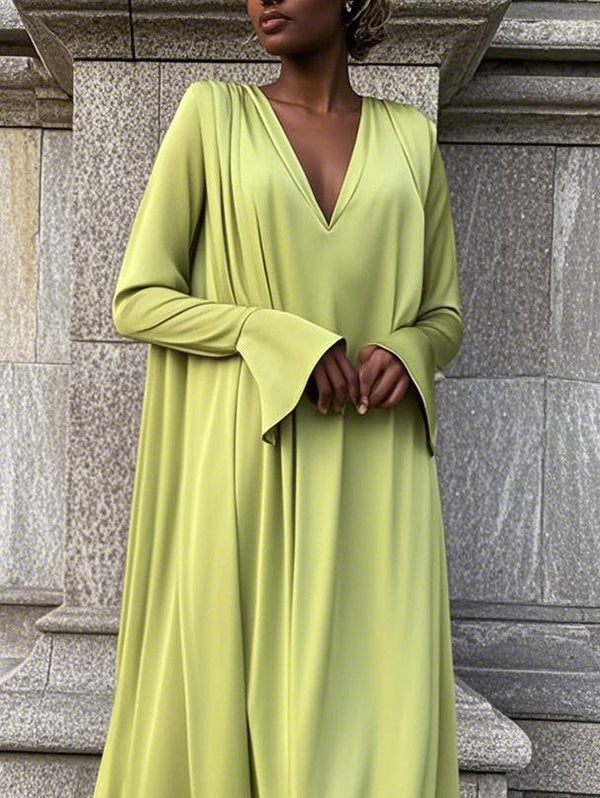 Solid Color A-Line Flared Sleeves V-Neck Maxi Dresses