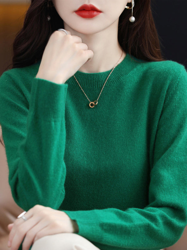 Casual Long Sleeves Loose Solid Color Round-Neck Sweater Tops