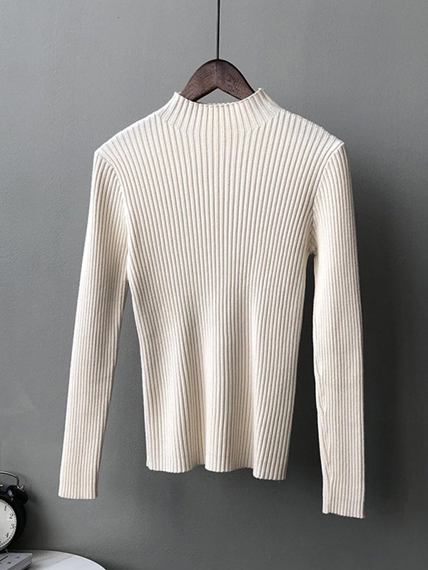 Simple Long Sleeves Skinny Leg Solid Color High-Neck Sweater Tops