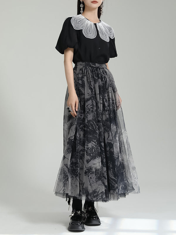 Gauze Pleated Printed Split-Joint A-Line Loose Skirts
