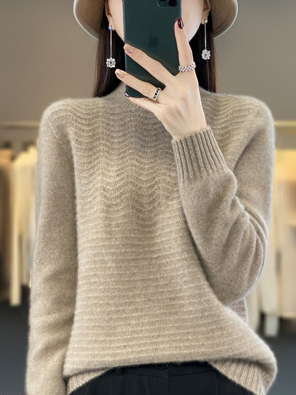 Solid Color Long Sleeves Loose Mock Neck Sweater Tops Pullovers