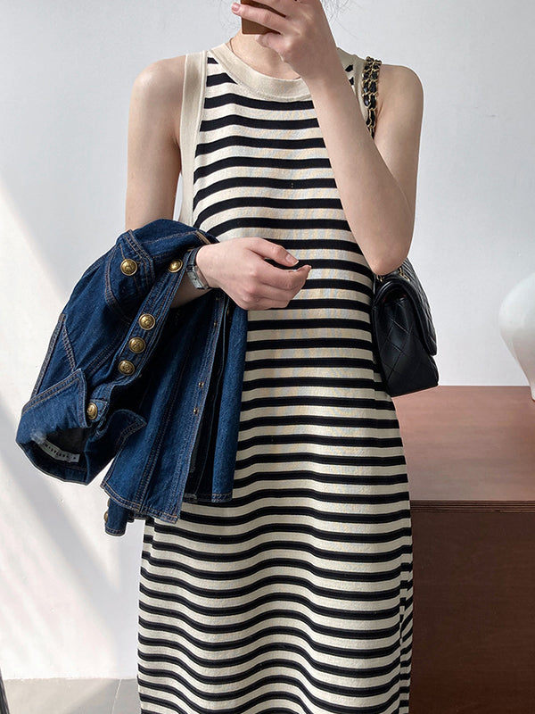 Contrast Color Loose Sleeveless Round-Neck Midi Dresses