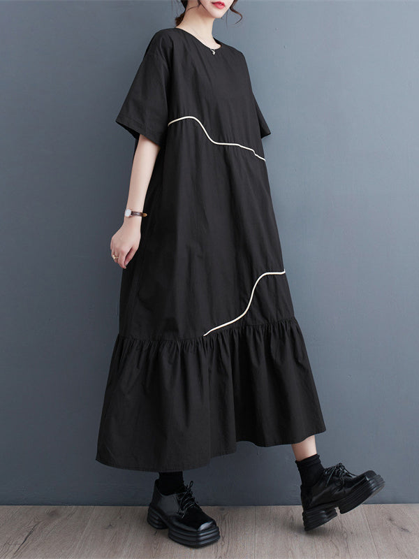 Pleated Split-Joint Loose Short Sleeves Round-Neck Midi Dresses