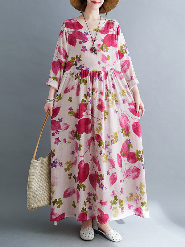 Flower Print Split-Joint Long Sleeves Loose Round-Neck Midi Dresses