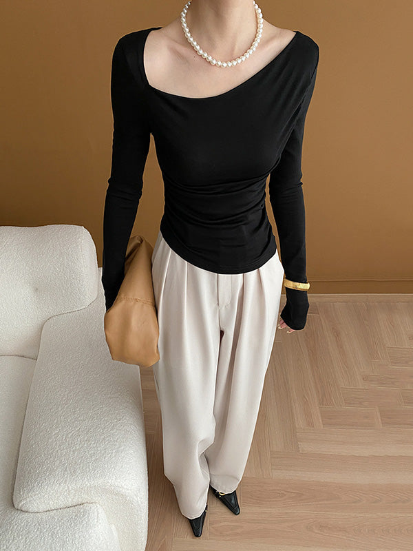 Solid Color Long Sleeves Skinny Asymmetric Collar T-Shirts Tops