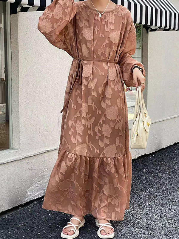 Flower Print Pleated Solid Color Split-Joint Tied Waist Long Sleeves Loose Round-Neck Maxi Dresses