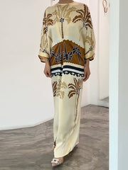 Leaves Print H-line Loose Round-neck Maxi Dresses