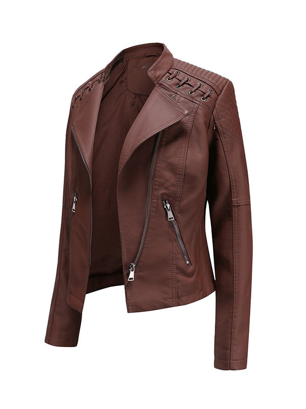 Split-Joint Zipper Long Sleeves Mock Neck Outerwear PU Jackets