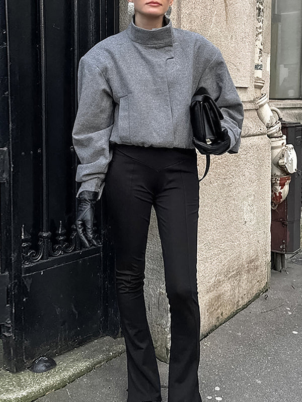 Elasticity Solid Color Long Sleeves Loose Stand Collar Woolen Coat