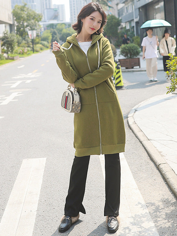 4Colors Drawstring Hooded Split-Joint Pocket Solid Color Zipper Outerwear