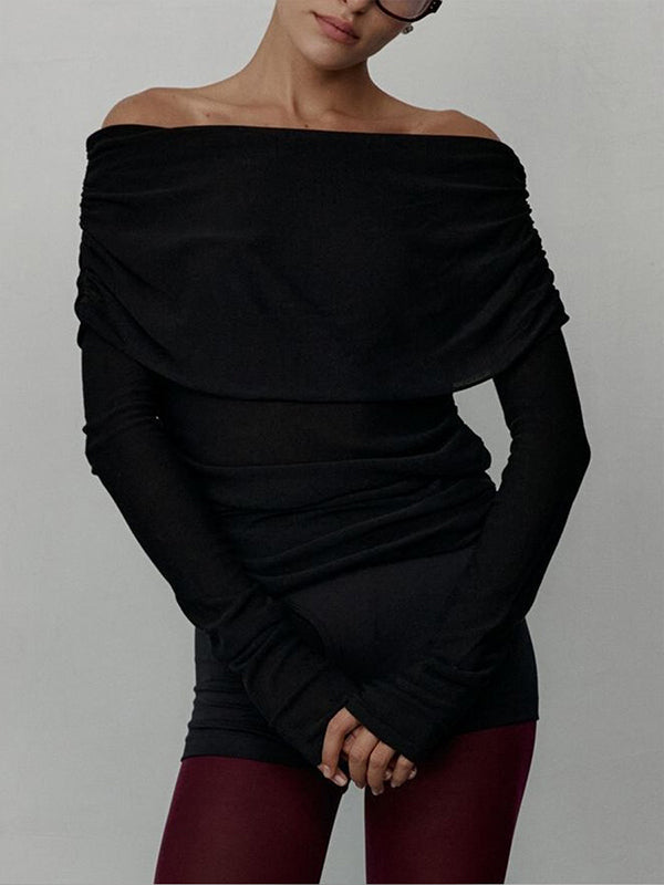 Solid Color Long Sleeves Loose Off-The-Shoulder Sweater Tops Pullovers