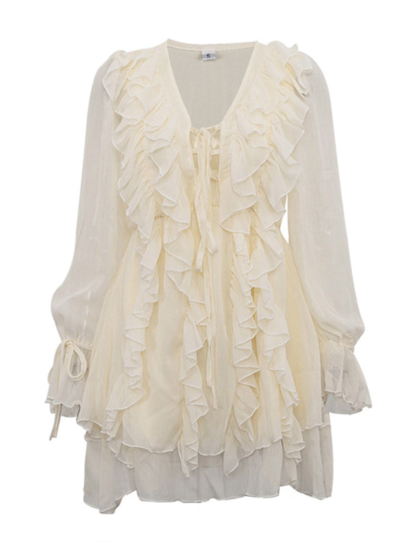 Ruffle Trim Solid Color Tied A-Line High Waisted V-Neck Mini Dresses