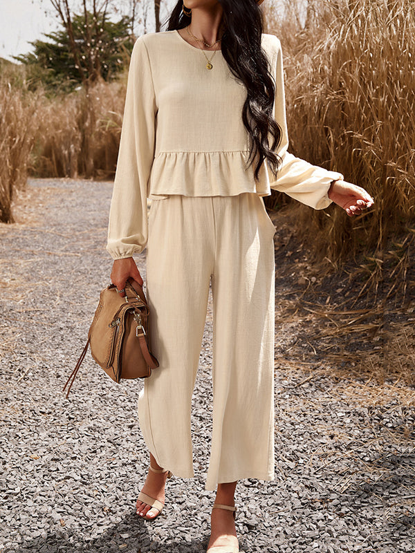 Round-Neck Long Sleeves Loose Pleated Solid Color Split-Joint Shirts Top + Pants Bottom Two Pieces Set