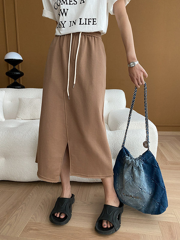 Asymmetric Drawstring Split-Front A-Line Skirts Bottoms