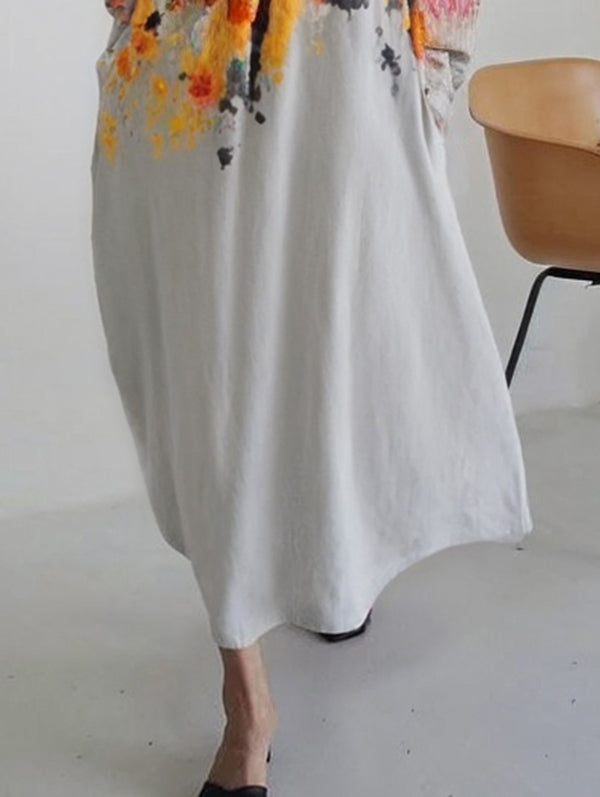 Printed Split-Joint Long Sleeves Loose Round-Neck Midi Dresses