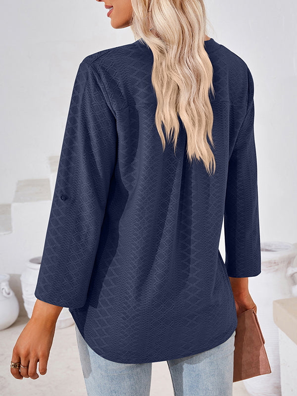 Jacquard Solid Color Loose Three-Quarter Sleeves V-Neck T-Shirts