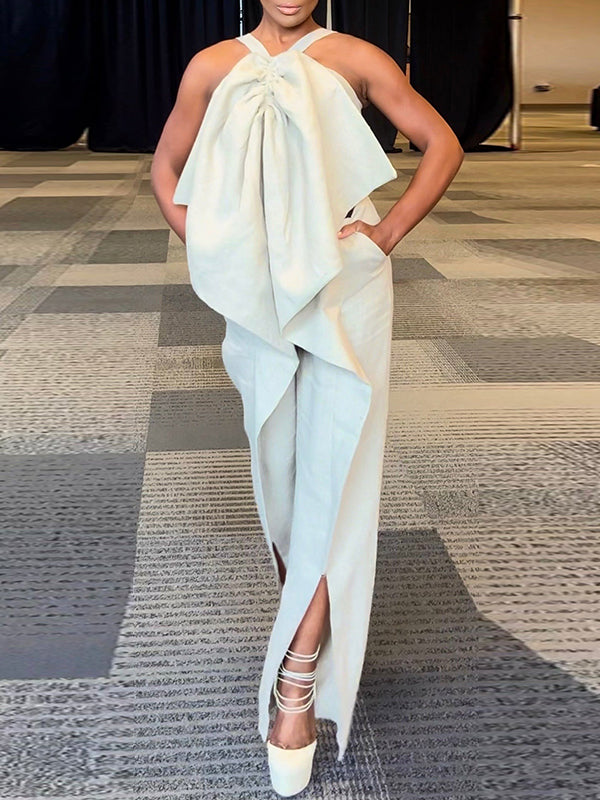 Pleated Solid Color Split-Front Split-Joint Loose Sleeveless Spaghetti-Neck Jumpsuits