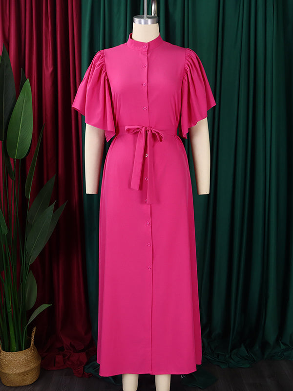 Pleated Solid Color Split-Joint Tied Waist Flared Sleeves Loose Stand Collar Shirt Dress Maxi Dresses